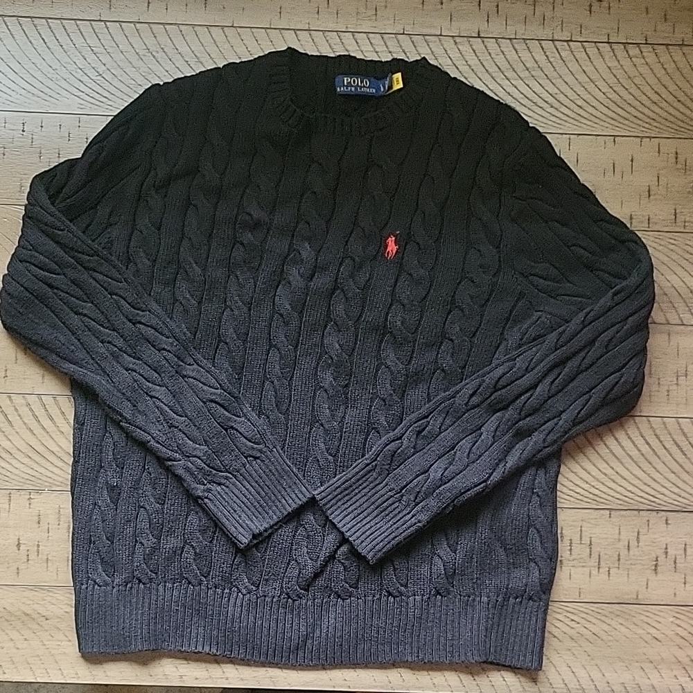 Polo Ralph Lauren Black Cable Knit Cotton Sweater Mens Large
